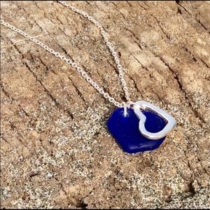 Cobalt Blue Seaglass & Floating Heart Necklace